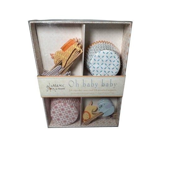 Meri Go Round Oh Baby Baby Animal 24 Cupcake Cases and Toppers New Baby Shower - Picture 1 of 8